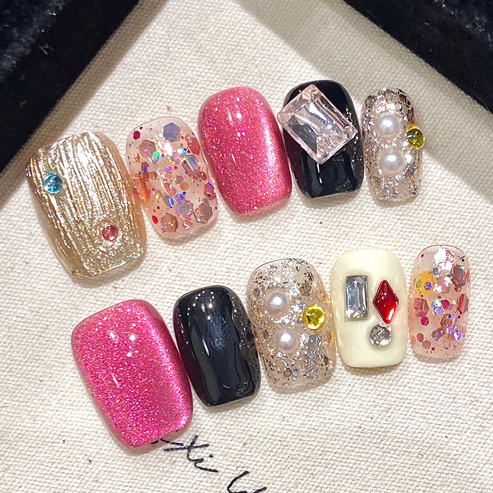 Nail Art Fake - Handmade Press on Nails Glitter Pink